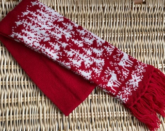 Sciarpa di lana a maglia nordica, sciarpa invernale, sciarpa di lana rossa, sciarpa a maglia di cervi, sciarpa di lana di Natale, sciarpa di lana da donna, sciarpa di lana da uomo