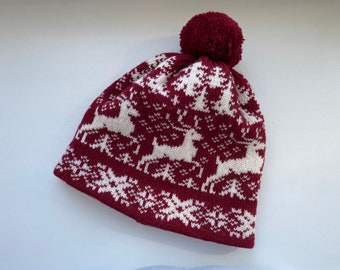 Cappello di lana rossa norvegese, cappello invernale da donna, cappello di lana a maglia nordica, cappello di lana natalizia, cappello invernale di cervi, cappello invernale extra caldo