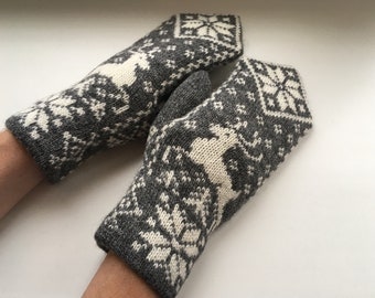 ノルディックウールミトン：鹿と雪の結晶をあしらったメンズニット冬用手袋