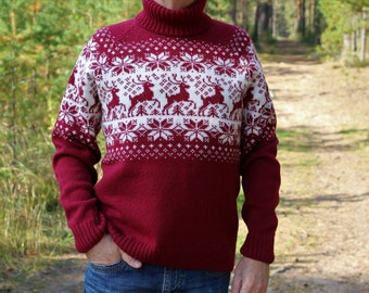Pull rouge de Noël, pull en laine norvégienne, pull en tricot d’hiver, pull cerf, pull en laine pour hommes, pull en tricot rouge