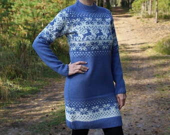 Norweger Wolle Weihnachten Pullover Kleid: Blaue Strick Rentier Schneeflocke Design