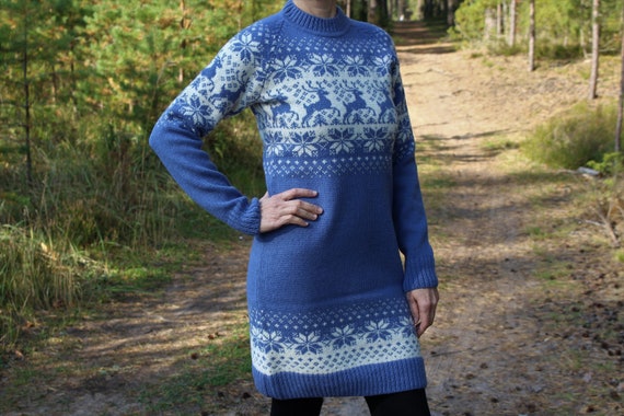 Norwegian Wool Christmas Sweater Dress: Blue Knit Reindeer Snowflake Design