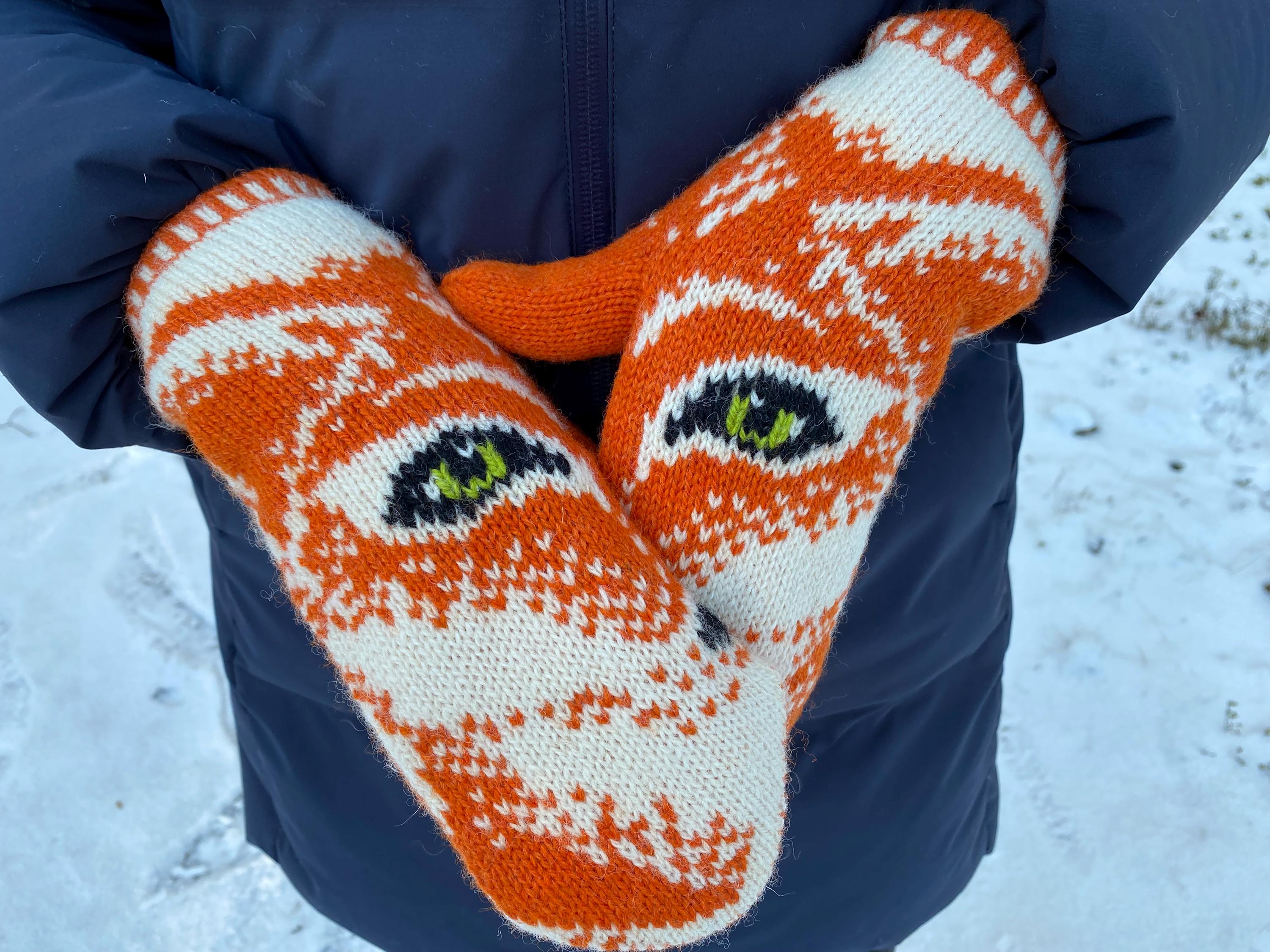 Fox Pattern Wool Mittens –white and Orange Women's Extra Warm