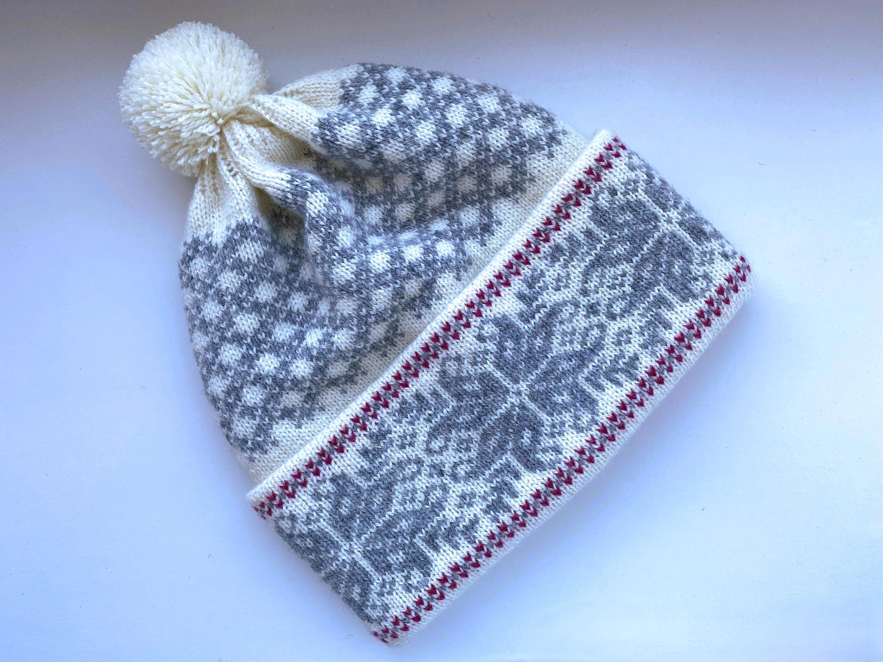 Merino Wool Lined Knit Beanie: Nordic Fair Isle Pom Pom 