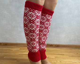 Nordic knit leg warmers, Winter red leg warmers, Christmas leg warmers, Wool knit leg warmers, Womens leg warmers, Christmas gift, Red socks