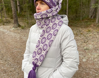 Cappello sciarpa a maglia norvegese, cappello sciarpa a maglia di lana, cappello sciarpa fiocchi di neve, berretto a calza lunga viola invernale, cappello invernale da donna, set invernale