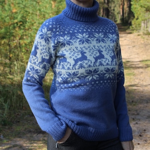 Winter wool sweater, Norwegian wool sweater, Deer knit sweater, Christmas knit sweater, Womens wool jumper, Blue knit sweater,Estonian knit