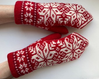 Nordic double knit mittens, Snowflake double mittens, Christmas red wool mittens, Extra warm mittens, Womens knitted mittens, Estonian knits