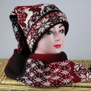 Rote Wolle Schalmütze, Norweger Strickmütze, Winter lange Zipfelmütze, Damen Wintermütze, Weihnachtsgeschenk