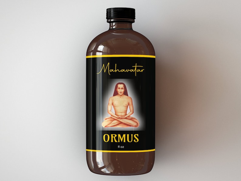 May include: A brown glass bottle with a black label. The label features a picture of a man in a meditative pose and the text "Mahavatar ORMUS fl oz".