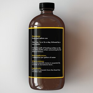 May include: A brown glass bottle with a black label that reads "Directions: Shake well before use. Take 1 tsp, 1x or 2x a day, followed by a cup of water. Follow the path of healing written on the side of the bottle when consuming for full effects of Ormus. Plant application: 1 tablespoon per gallon of water. What is ormus: Ormus in scientific terms is essential life minerals in monatomic form. Ingredients: Monatomic minerals from the Dead Sea and deep seas."
