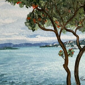 May include: Watercolour painting of a seascape with a view of a distant coastline and a blue sky with white clouds. The scene is framed by two trees with green leaves and red flowers.