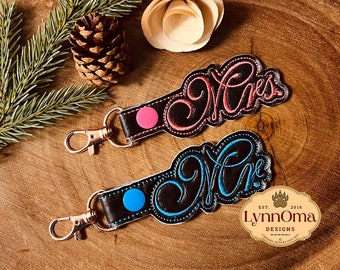 Digital File~ Embroidered Mr. & Mrs. Key Chain Fob Designs For Machine Embroidery. 4x4 Hoops. LynnOma Designs