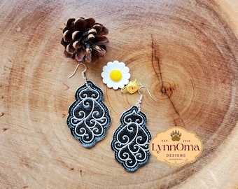 Digital File~ Embroidered Swirl Dangle Earrings Design for Machine Embroidery. 4x4 Hoop. LynnOma Designs