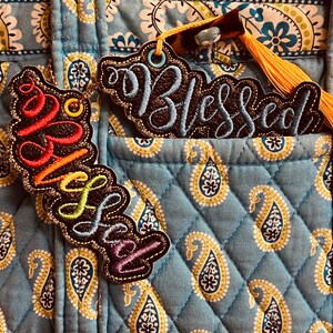 Puede incluir: Dos parches de tela con las palabras "Blessed" y "Wild Soul" bordadas en hilo de colores. Los parches est&aacute;n unidos a una tela acolchada azul con un patr&oacute;n de cachemira.