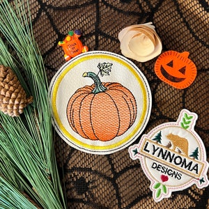 Digital File ~ Embroidered Fall Pumpkin Coaster Design for Machine Embroidery. 4x4 Hoop. LynnOma Designs