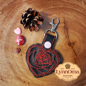 Digital File~ Embroidered Rose Heart Key Chain Fob Design for Machine Embroidery. 4x4 Hoop. LynnOma Designs