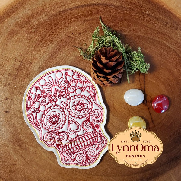 Digital File~ Embroidered Sugar Skull Small Coaster Design for Machine Embroidery. 4x4 Hoop. LynnOma Designs