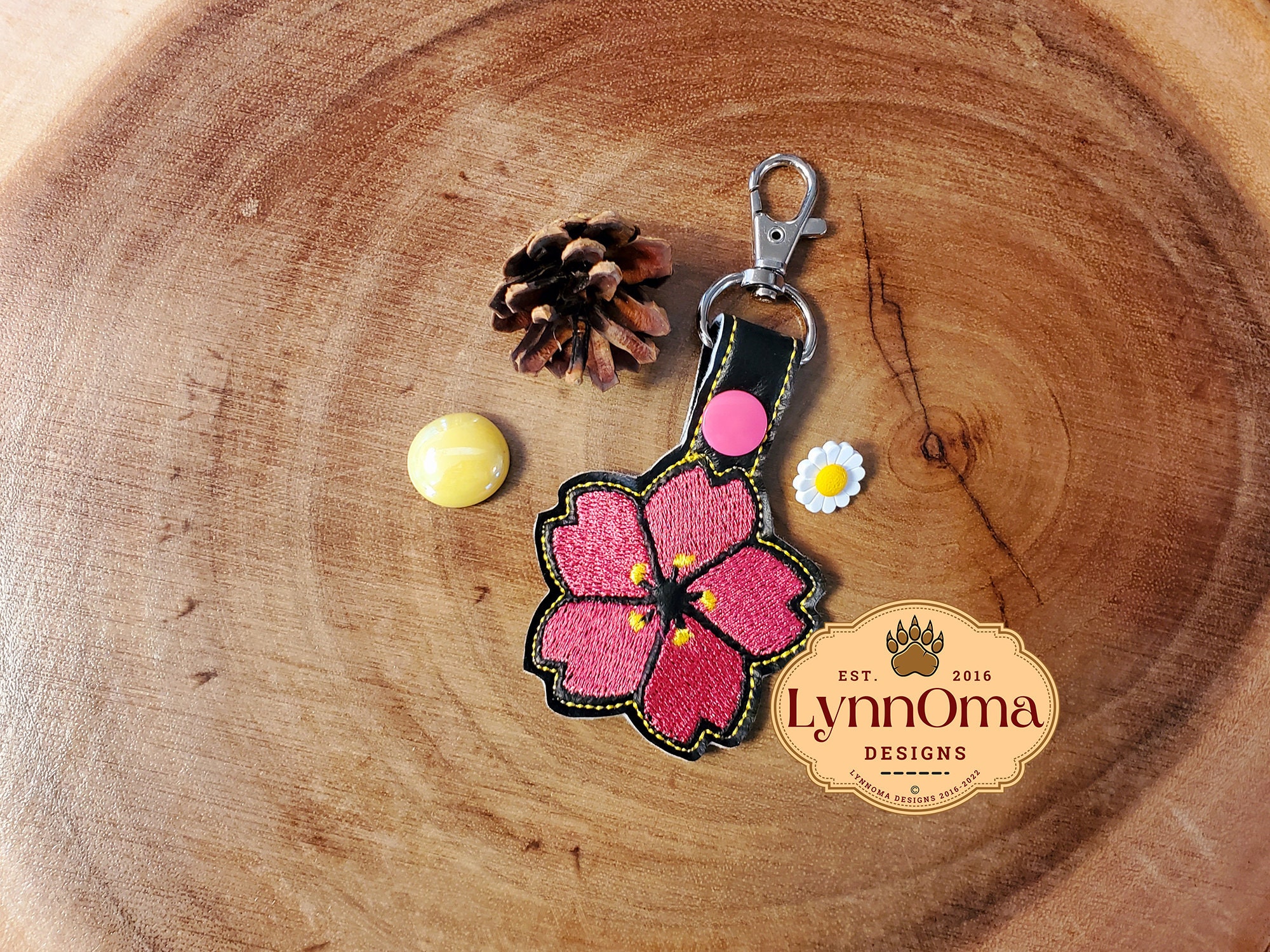 Digital File~ Embroidered Cherry Blossom Flower Key Chain Fob Design for  Machine Embroidery. 4x4 Hoop. LynnOma Designs