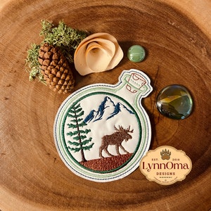 Digital File ~ Embroidered Moose in Bottle Coaster Design for Machine Embroidery. 4x4 Hoop. LynnOma Designs