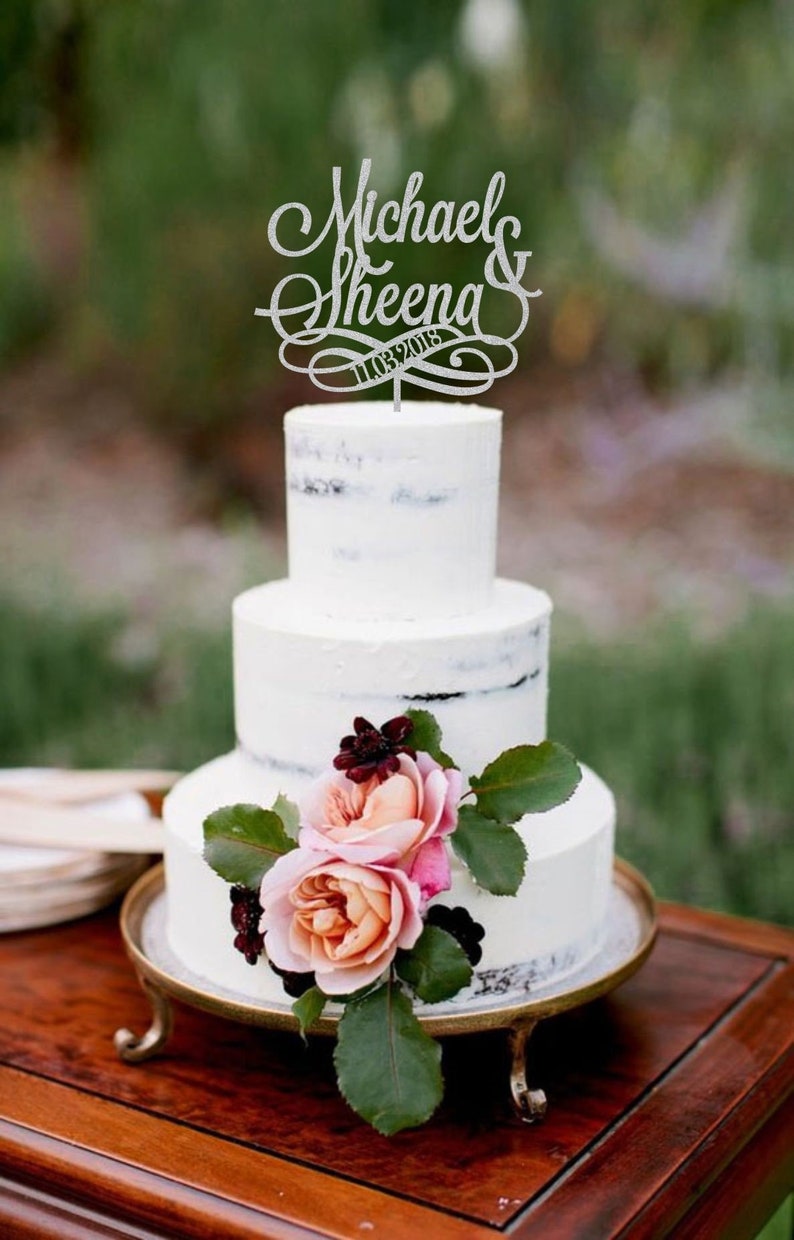 Two Names and Date Wedding Cake Topper Engagement Cake Etsy