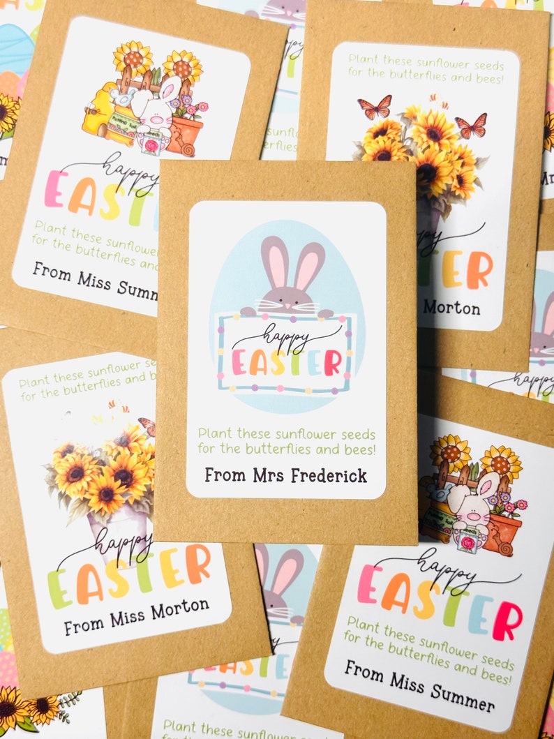 May include: A set of brown paper seed packets with colourful happy Easter greetings and bunny illustrations. Each packet includes sunflower seeds and a message to plant them for the butterflies and bees. The packets are from Miss Summer, Miss Morton, and Mrs. Frederick.