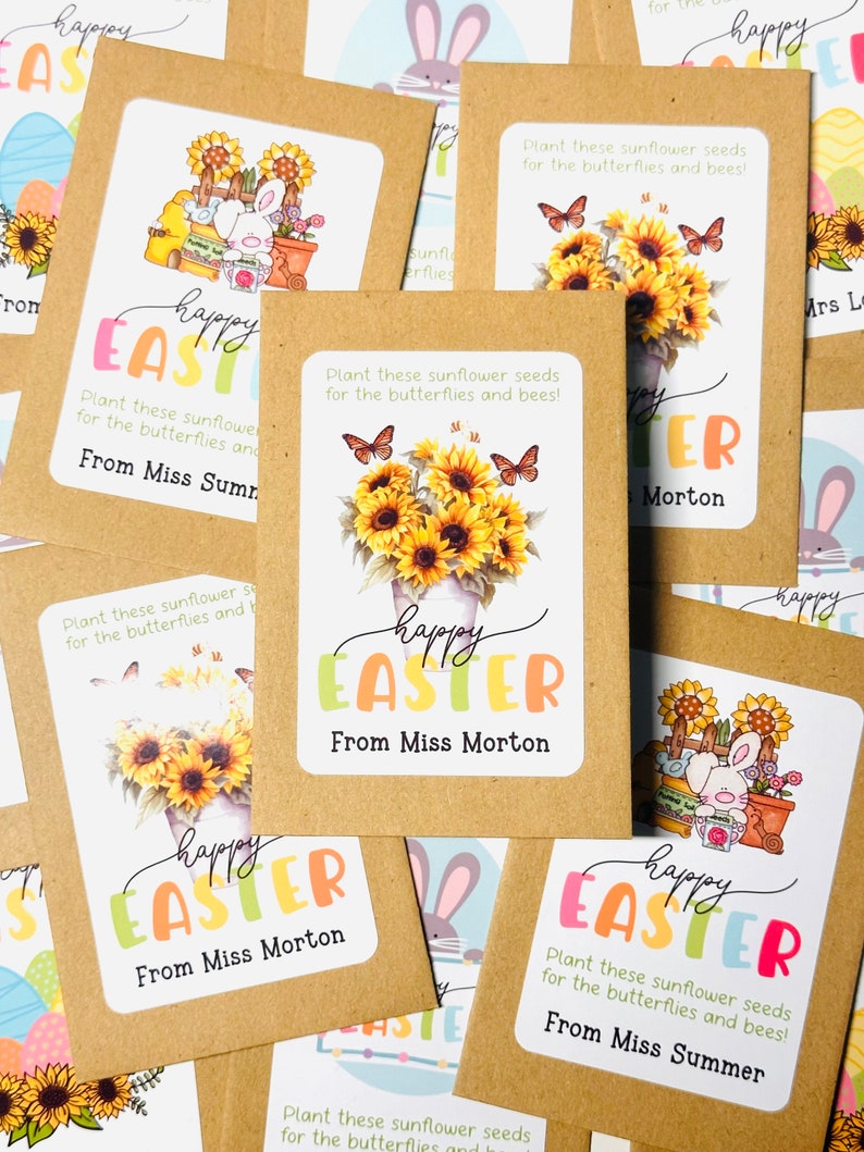 May include: A set of nine brown paper seed packets with colourful labels that say "Happy Easter" and include a sunflower design. The labels also include the text "Plant these sunflower seeds for the butterflies and bees!" and the sender's name.
