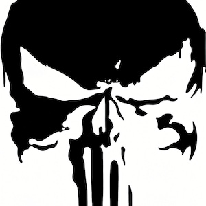 Op de afbeelding: Zwart-witte silhouet van een schedel met een druppelend effect, vergelijkbaar met het Punisher-logo.
