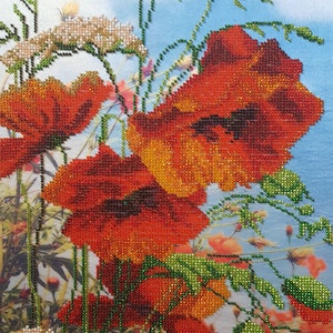 May include: A close-up of a diamond painting featuring red poppies with green stems and leaves. The background is a light blue sky with white clouds. The image is signed "All About Embroidery UA".
