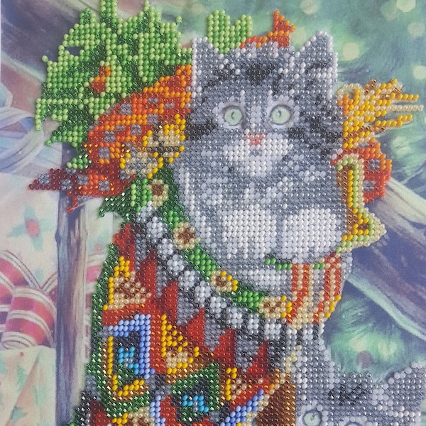 Christmas kittens Bead Embroidery kit xmas Needlepoint kits Beaded cross stitch Cats Animal Embroidery DIY Wall decor Christmas sock perle