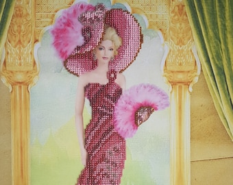 Bead embroidery kit, Lady in Pink, beaded cross stitch, needlepoint handcraft tapestry kit, beaded stitching, bead pattern, Queen