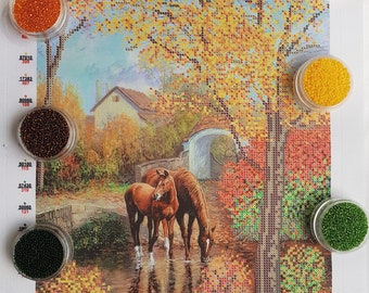 Needlepoint kit Autumn Horses Beaded cross stitch Animal Bead Embroidery kit Fall Landscape DIY Gift for stitcher Beadwork wall decoration