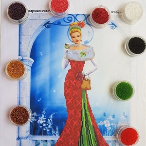 Beaded cross stitch kit, Lady in Red, Bead embroidery kit, Needlepoit, Handcraft, beaded stitching, Princess, Queen, Tapestry, kit