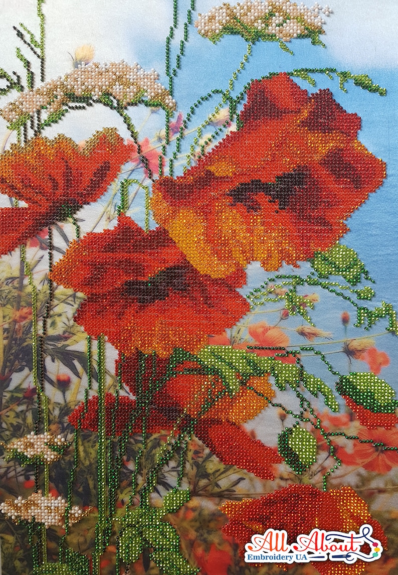 May include: A close-up of a diamond painting featuring red poppies with green stems and leaves. The background is a light blue sky with white clouds. The image is signed "All About Embroidery UA".