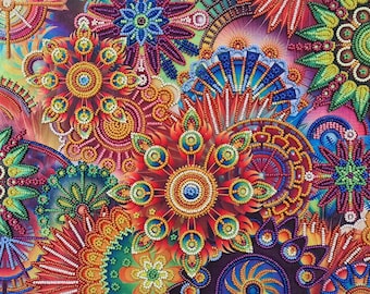 May include: A colourful abstract art piece featuring a variety of geometric shapes and patterns. The artwork is made with beads and sequins, creating a textured and shimmering effect. The colours are vibrant and include shades of red, orange, yellow, green, blue, and purple.