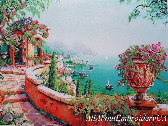 Bead embroidery kit, Summer Seascape, beadpoint kit, Seashore Landscape, sea patterns for embroidery, beadwork kit, needlepoint, wall decor