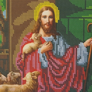 Bead embroidery kit Jesus knoking at your Door religious Icon beaded stitching The Good Shepherd needlepoint tapestry kit 3D Made in Ukraine