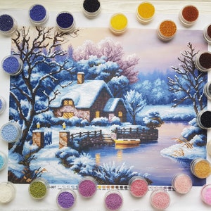 Snowy Cottage Beaded cross stitch kit Winter Scene Bead Embroidery kits Beads needlepoint Craft kit DIY gift for stitcher Modern Embroidery image 3