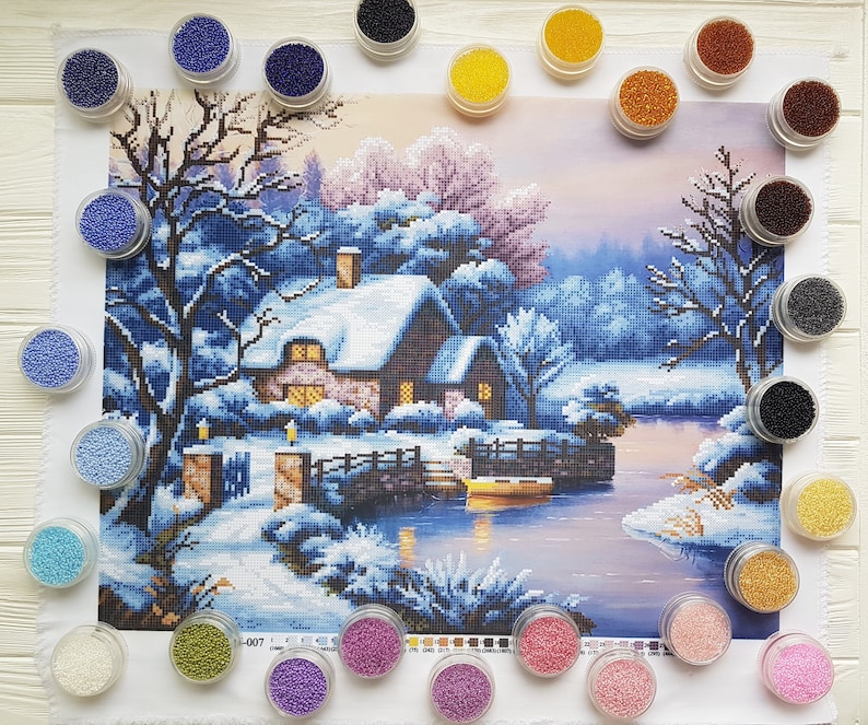 Snowy Cottage Beaded cross stitch kit Winter Scene Bead Embroidery kits Beads needlepoint Craft kit DIY gift for stitcher Modern Embroidery image 3