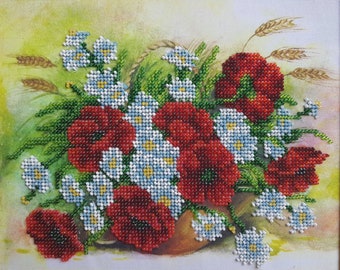 Wildflowers Bead embroidery needlepoint tapestry kit Poppies and Daisies Beaded stitching Needlecraft kit Beaded cross stitch kit bordado