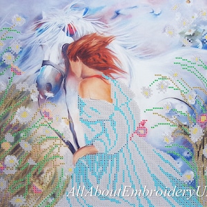 A girl and a Horse Bead embroidery needlepoint tapestry kit romantic beaded cross stitch Morning Walk  Field Flowers broderie perlée ricamo
