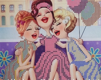 Bead embroidery kits, Singing girls, needlepoint kit, Women Friendship, beaded cross stitch kit, friend gift idea, beginners kit, beadpoint