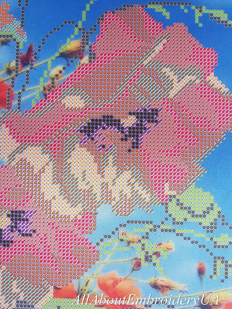 May include: Close-up of a cross-stitch embroidery design featuring red poppies with green stems and leaves against a blue background. The text "All About Embroidery UA" is visible at the bottom of the image.