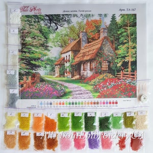 Bead embroidery kit Cosy House Beadpoint Needlework Home Beaded cross stitch Cottage landscape xstitch pattern Housewarming DIY gift idea image 2