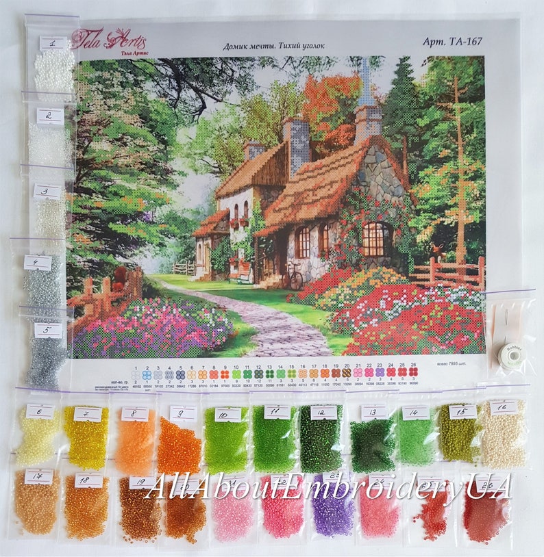 Bead embroidery kit Cosy House Beadpoint Needlework Home Beaded cross stitch Cottage landscape xstitch pattern Housewarming DIY gift idea image 2