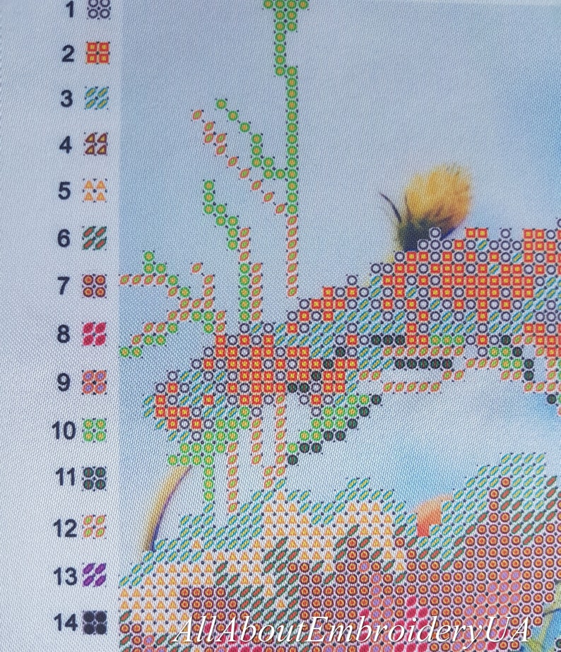 May include: A close-up of a cross-stitch pattern with a variety of colors, including orange, green, and brown. The pattern features a tree with leaves and a small bird.