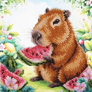 May include: A cross-stitch image of a capybara enjoying a watermelon slice. The capybara is brown with a detailed stitch pattern, set against a backdrop of green foliage, fruits, and a blue sky. The watermelon is red with green rind.