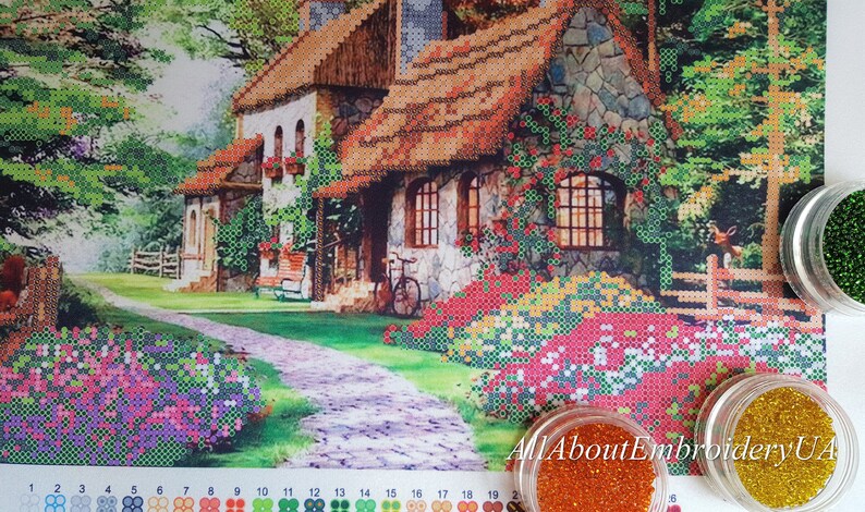 Bead embroidery kit Cosy House Beadpoint Needlework Home Beaded cross stitch Cottage landscape xstitch pattern Housewarming DIY gift idea image 4