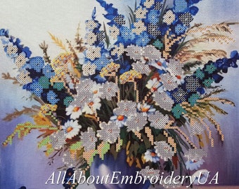 Bead embroidery kit Bouquet of Chamomiles needlework Bunch of Wildflowers cross stitch Floral pattern Still Life Home wall decor DIY gift