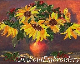 Sunflowers Bead Embroidery Kit, hand embroidery kit, yellow flowers, needlepoint still life, bead pattern kit, beading kits flower, tapestry